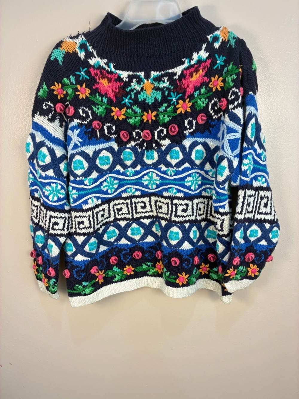 VTG 90s Jennifer Reed Too Woven Textured Pom Pom Cottage Core Hand Knit Sweater